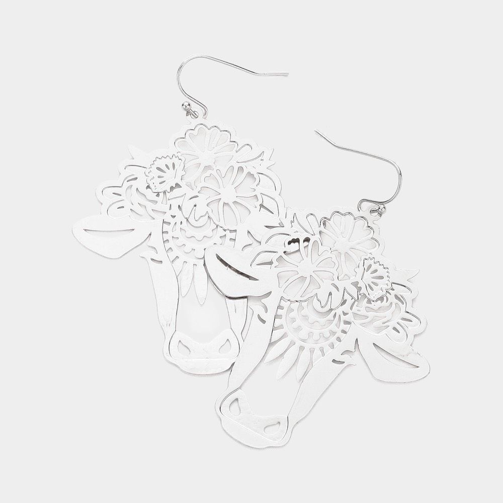 NWT Womens Boutique Silver Highland Cow Cut Out Metal Flower Dangle Earrings
